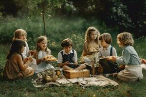 un grupo de niños disfrutando un picnic foto