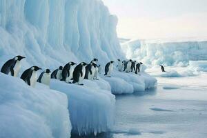 A group of penguins on an ice shelf photo