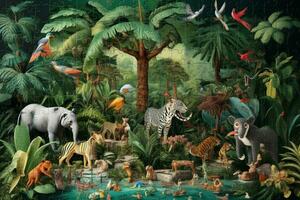 A jigsaw puzzle depicting a jungle scene photo