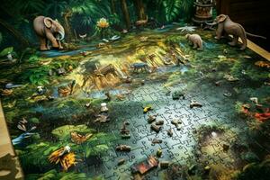 A jigsaw puzzle depicting a jungle scene photo