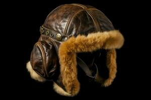 A leather aviator cap with fur trim photo