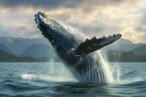 un majestuoso jorobado ballena rompe el superficie foto