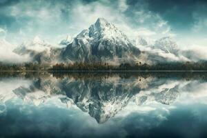 A mountain range reflecting in a perfectly mirrored photo