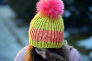 A neon beanie with a pom-pom on top photo