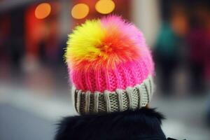 A neon beanie with a pom-pom on top photo