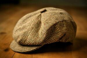 A newsboy cap with a tweed pattern photo