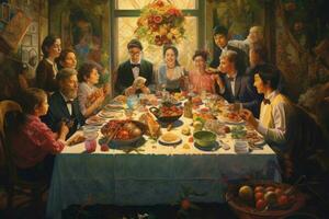 A painting of a family meal enjoyed together photo