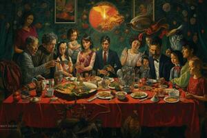 A painting of a family meal enjoyed together photo