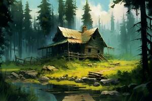 A painting of a secluded summer cabin in the woods photo