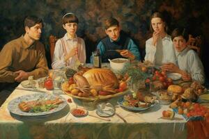 A painting of a family meal enjoyed together photo