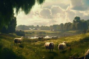 A peaceful countryside with grazing sheep photo