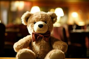 A plush teddy bear with a bow tie photo