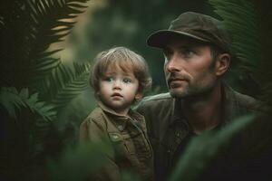 A portrait of a father and child in natural setting photo