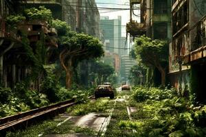 A post-apocalyptic city with overgrown vegetation photo