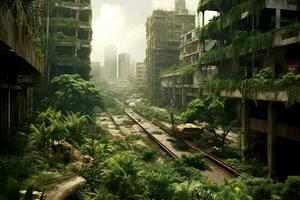 A post-apocalyptic city with overgrown vegetation photo