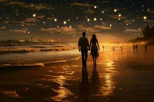 A romantic walk on the beach at night photo