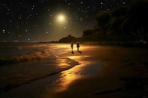 un romántico caminar en el playa a noche foto