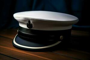 A sailors hat with a navy blue band photo