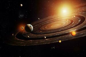A solar system with multiple suns and moons photo