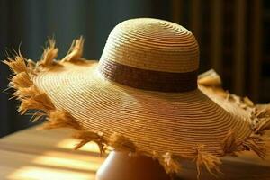 A sun hat with a raffia brim photo