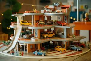 A toy garage with cars and ramps photo