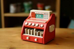 A toy cash register for pretend play photo