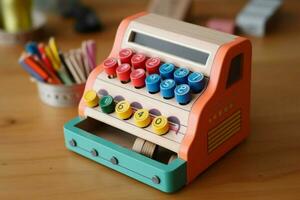 A toy cash register for pretend play photo