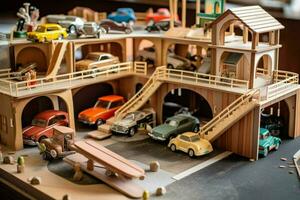 A toy garage with cars and ramps photo