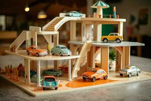 A toy garage with cars and ramps photo