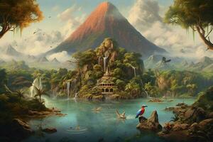 A tropical island with a volcano and parrots photo