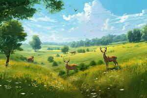 A tranquil summer meadow with grazing deer photo