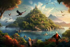 A tropical island with a volcano and parrots photo