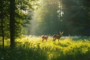 A tranquil summer meadow with grazing deer photo