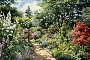 A watercolor of a summer garden in full bloom photo