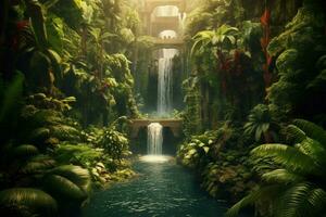 A waterfall in a lush oasis photo