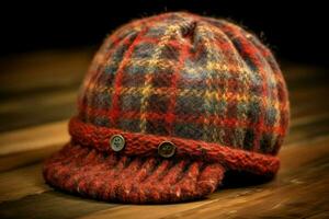A woolen earflap cap with a plaid pattern photo