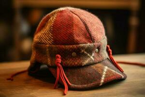 A woolen earflap cap with a plaid pattern photo