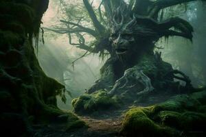 un antiguo bosque con místico criaturas foto