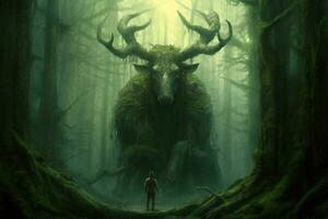 An ancient forest with mystical creatures photo