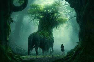 An ancient forest with mystical creatures photo