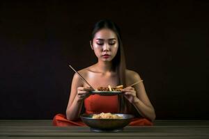 Asian young woman is eating diet food photo