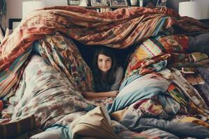 Building a fort with blankets and pillows photo