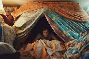 Building a fort with blankets and pillows photo