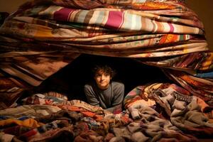 Building a fort with blankets and pillows photo