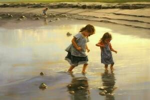 Children giggling and playing on the shore photo