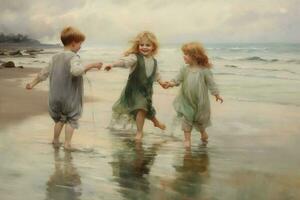 Children giggling and playing on the shore photo