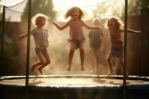 Children having fun on a trampoline photo