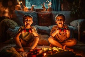 niños teniendo divertido jugando vídeo juegos con amigo foto