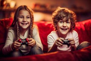 niños teniendo divertido jugando vídeo juegos con amigo foto