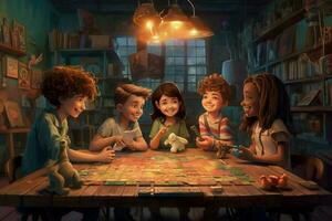 Children playing board games with friends photo